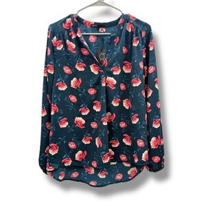 Gibson Floral Blouse Women's Small NWT Teal Pink Long Sleeve V-Neck Work Office